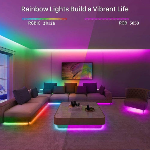 Color-changing LED strip lighting up a room