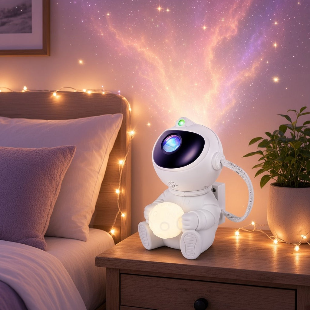 Astro holding its glowing moon on a nightstand, projecting a peach and lavender nebula