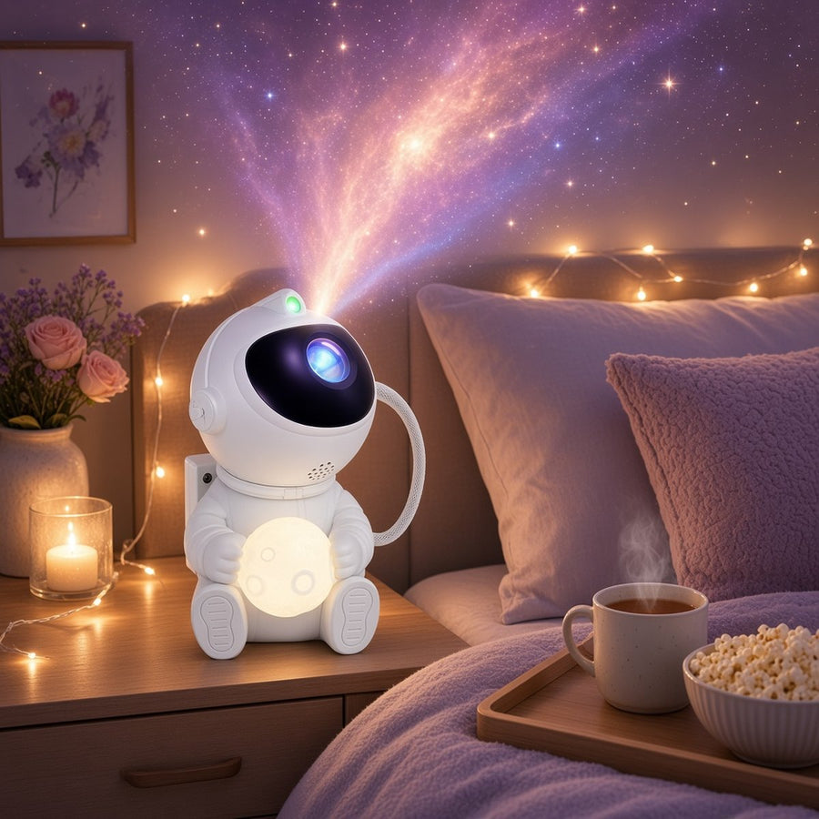 Date night setup with Astro projecting stars over the bed