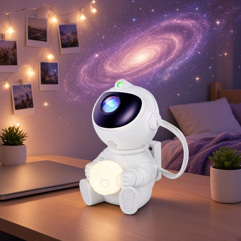 Dorm desk glow-up: Astro projecting a purple galaxy on the wall