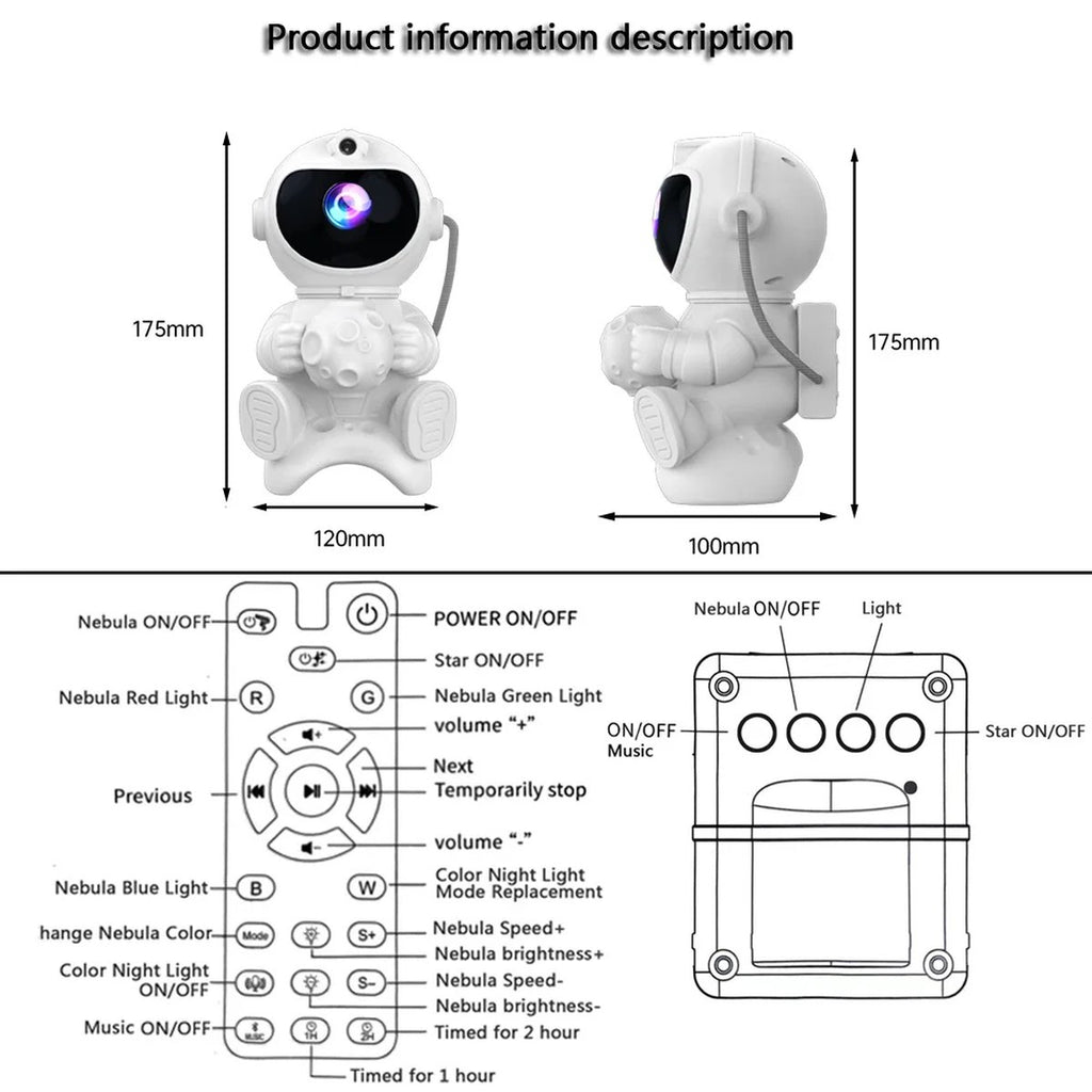 Size guide (175 x 120 x 100 mm) and remote control layout